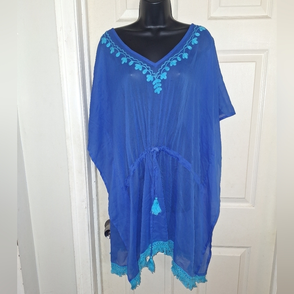 Blue Sheer Swim Coverup with Embroidered Details